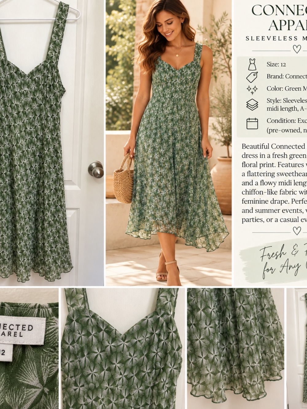 Connected Apparel Olive Green Floral Midi Dress